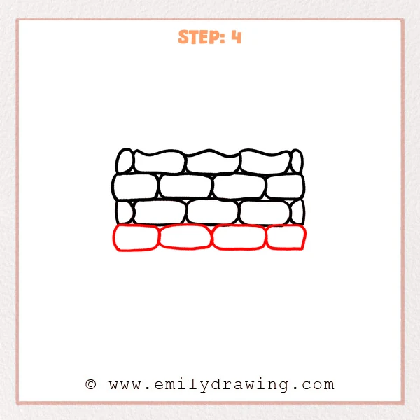how to draw a brick wall - Step 4 of how to draw a brick wall: a fourth row of rounded bricks is added at the bottom, extending the wall downward.